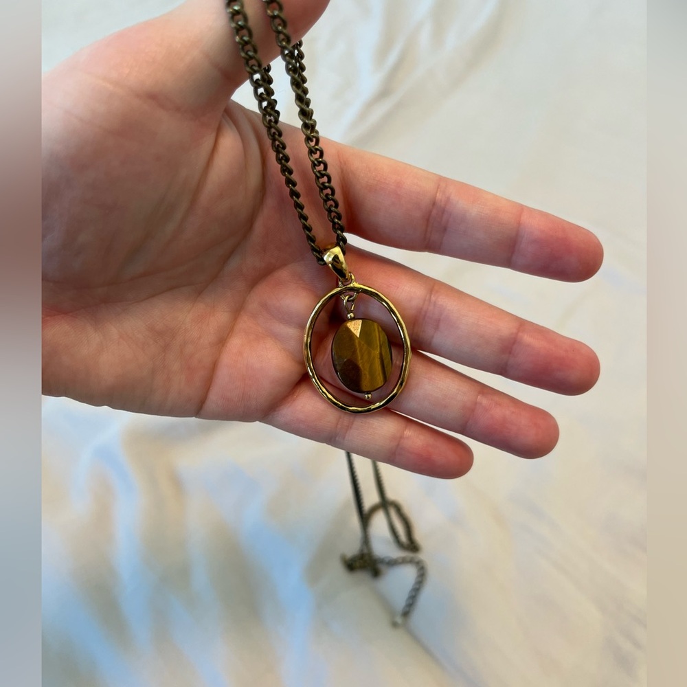 tigers eye and gold-tone necklace with long chain